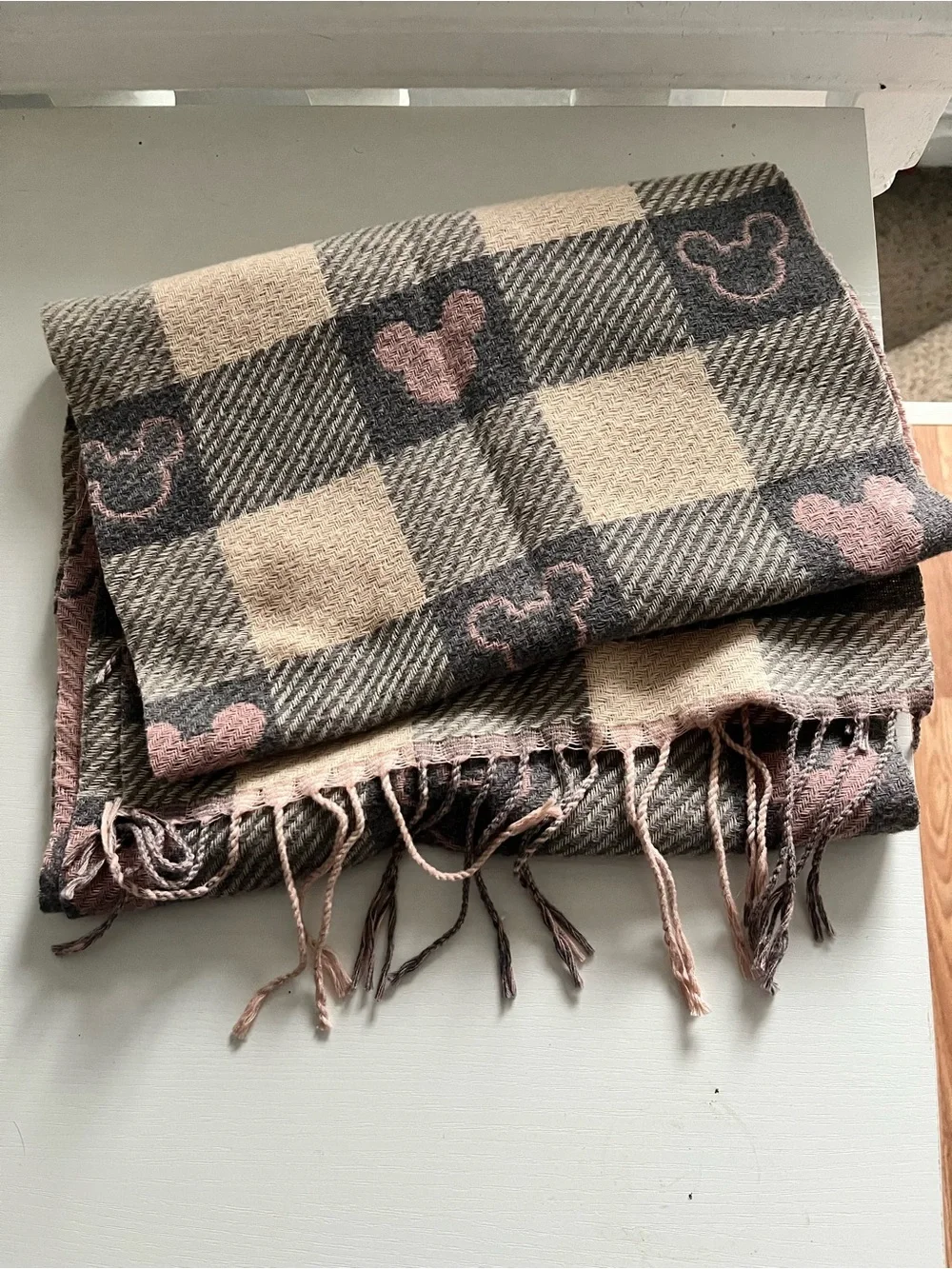 Disney Pink and Gray Plaid Mickey Mouse Fringe Scarf Wrap